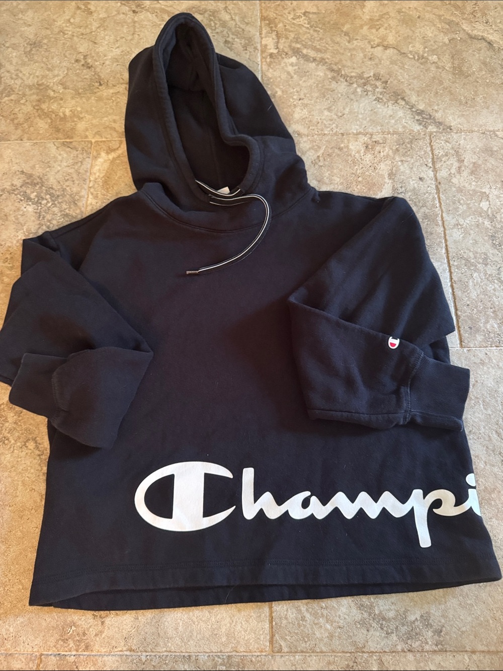 Vintage woman’s Y2K Champion Black Hoodie White Script Logo size XS deep hood